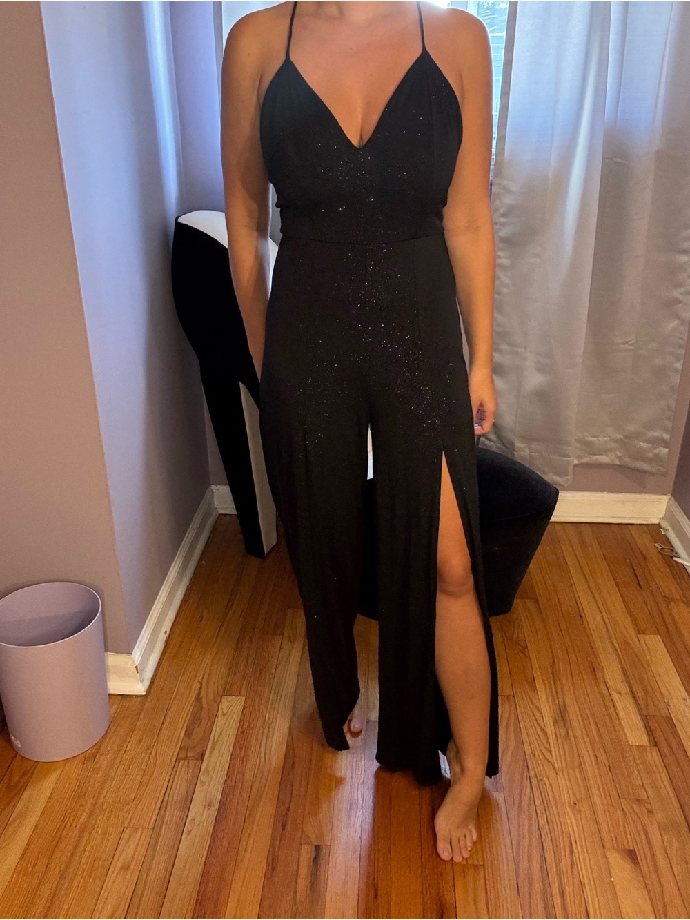 Black Sparkle Halter Jumpsuit with Front Slits